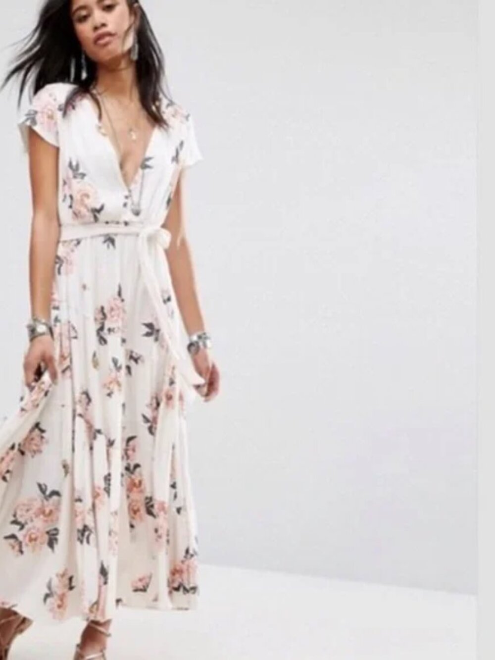 NWT Free People All I Got Floral Maxi Tiered Dress Boho Cottagecore Ivory Cream